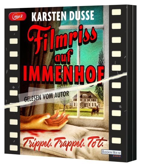 "Filmriss auf Immenhof" in großen, roten Buchstaben. Darunter "Trippel. Trappel. Tot." und "Gelesen vom Autor". Im Hintergrund ein Herrenhaus, Pferde und ein Fenster.