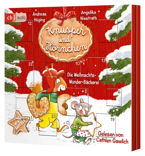 Ein Adventskalender mit dem Titel "Knusper und Hörnchen". Darunter ein Eichhörnchen und eine Maus mit Plätzchen.