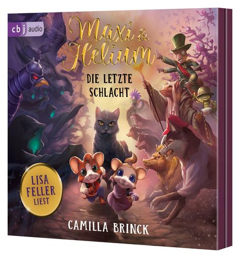 "Maxi & Helium: Die letzte Schlacht," "Lisa Feller liest," "Camilla Brinck" auf Fantasiebuch-Cover mit Tieren in einem Abenteuer.