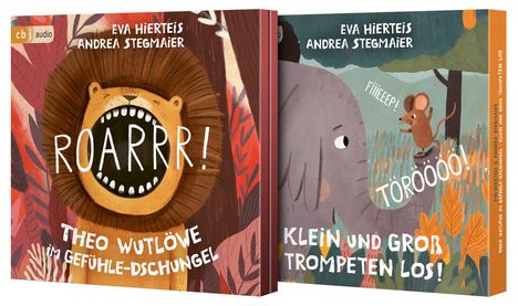 Links: "ROARRR! THEO WUTLÖWE IM GEFÜHLE-DSCHUNGEL". Rechts: "KLEIN UND GROSS TROMPETEN LOS!". Illustrationen von Löwe und Elefant mit Maus.