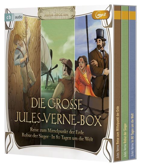 Text: "Rufus Beck liest. DIE GROSSE JULES-VERNE-BOX. Reise zum Mittelpunkt der Erde. Robur der Sieger. In 80 Tagen um die Welt." Drei Illustrationen von Szenen aus Jules Verne Geschichten.