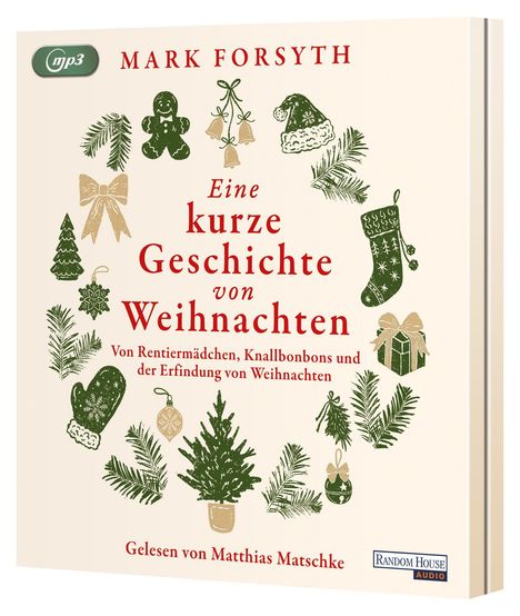 "Eine kurze Geschichte von Weihnachten" in roter Schrift, umgeben von weihnachtlichen Symbolen: Tannen, Glocken, Geschenk.