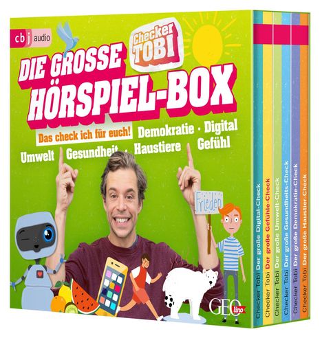"Die große Hörspiel-Box. Das check ich für euch! Demokratie, Digital, Umwelt, Gesundheit, Haustiere, Gefühl. Checker Tobi."