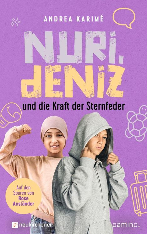"Nuri, Deniz und die Kraft der Sternfeder. Auf den Spuren von Rose Ausländer." Zwei Kinder, eins mit Kapuze, eins mit Mütze.