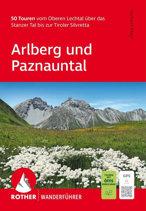"50 Touren vom Oberen Lechtal", "Arlberg und Paznauntal"; rote Rother Wanderführer-Cover, Berge und Blumenwiese im Hintergrund.
