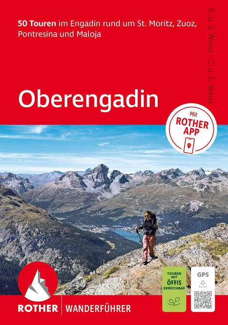 "50 Touren im Engadin rund um St. Moritz." Titel: Oberengadin. Illustration: Wanderer in alpiner Landschaft.