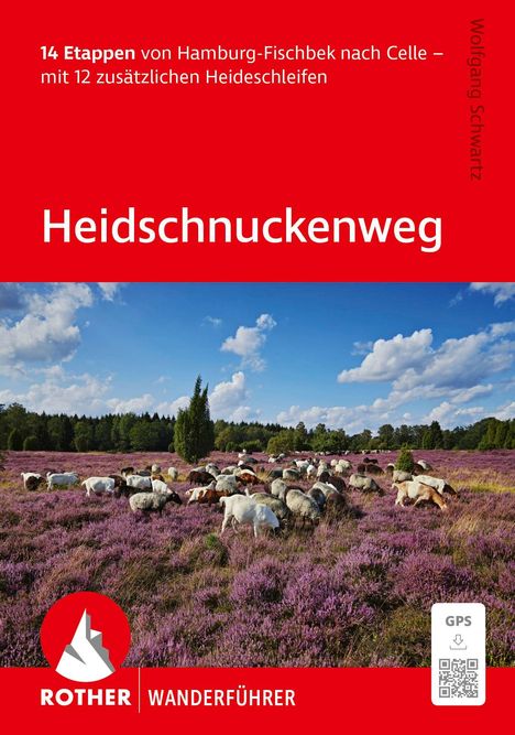 "14 Etappen von Hamburg-Fischbek nach Celle" steht oben. Darunter Schafe auf lila Heide, blauer Himmel, Rother Wanderführer-Logo.