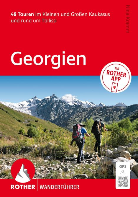 48 Touren im Kaukasus, Georgien, ROTHER WANDERFÜHRER. Zwei Wanderer in bergiger Landschaft mit Schnee.