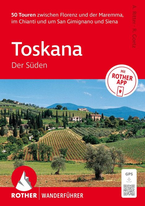 "Toskana: Der Süden" in weißer Schrift auf rotem Hintergrund. Landschaft mit Weinbergen und Zypressen, blauer Himmel.