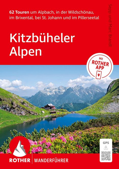Text: "62 Touren um Alpbach...", "Kitzbüheler Alpen", "Mit ROTHER APP". Berglandschaft mit Hütte und See. Rotes Logo.