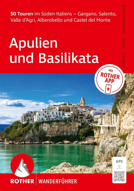 "50 Touren im Süden Italiens – Gargano, Salento... Apulien und Basilikata" steht über einem Küstenbild. ROTHER WANDERFÜHRER.