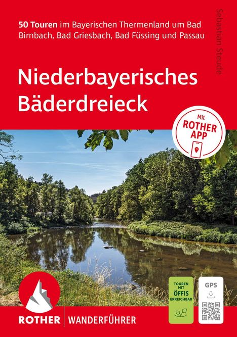 "50 Touren im Bayerischen Thermenland um Bad Birnbach, Bad Griesbach, Bad Füssing und Passau. Niederbayerisches Bäderdreieck." 

Grüne Flusslandschaft im Vordergrund.