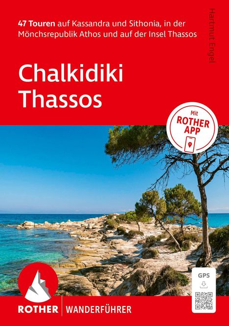 "47 Touren auf Kassandra und Sithonia, Chalkidiki Thassos, ROTHER WANDERFÜHRER. Küste mit klar blauem Meer und Bäumen."