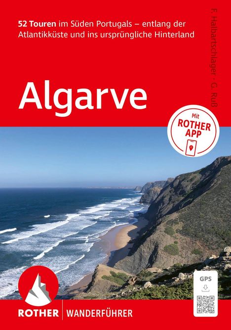 "52 Touren im Süden Portugals." "Algarve" steht groß. Coastline mit Wellen und Klippen. Logo und QR-Code unten.