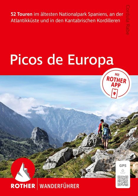 Text: "52 Touren im ältesten Nationalpark Spaniens", "Picos de Europa", "Mit ROTHER APP". Zwei Wanderer in bergiger Landschaft.
