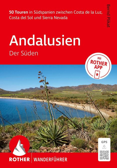 "50 Touren in Südspanien", "Andalusien Der Süden", "Mit ROTHER APP". Foto: Küste, Meer, Pflanzen, Berge im Hintergrund.