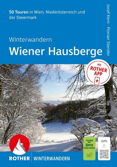 Text: "50 Touren in Wien, Niederösterreich und der Steiermark. Winterwandern Wiener Hausberge." Winterlandschaft mit Bäumen, Schnee.