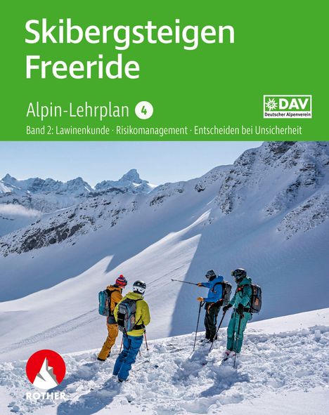 „Skibergsteigen Freeriding“ steht oben, darunter „Alpin-Lehrplan“. Vier Skifahrer stehen im verschneiten Gebirge.