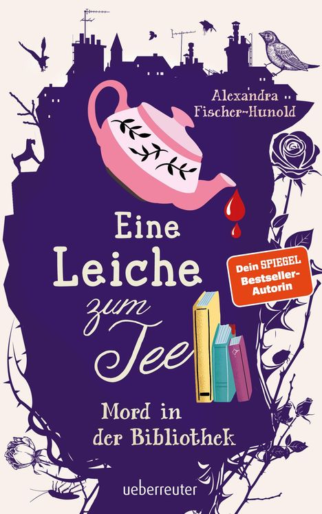 „Eine Leiche zum Tee: Mord in der Bibliothek“ ist der Titel. Es zeigt eine rosafarbene Teekanne und Bücher.