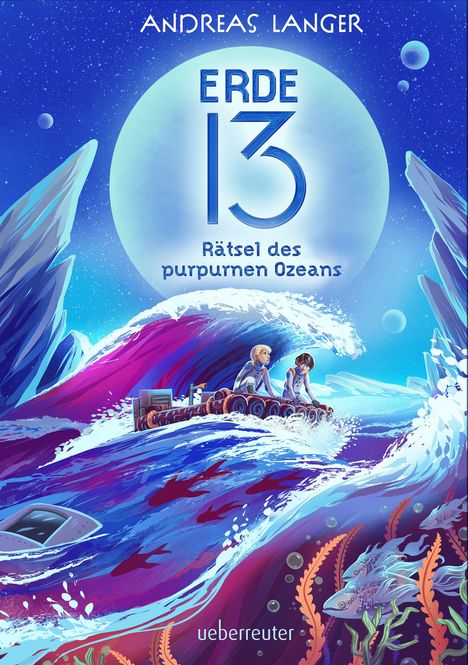 "ERDE 13" und "Rätsel des purpurnen Ozeans" in blauer Schrift, darunter zwei Figuren in einem futuristischen Ozean.
