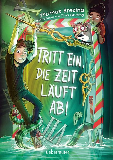 „Tritt ein, die Zeit läuft ab!“ Zwei Kinder, Schlange um Bein, Uhrzeiger, farbenfrohe Illustration.