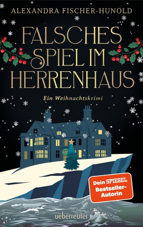 Text in Großbuchstaben: "Falsches Spiel im Herrenhaus". Schneeflocken umgeben ein altes Herrenhaus.