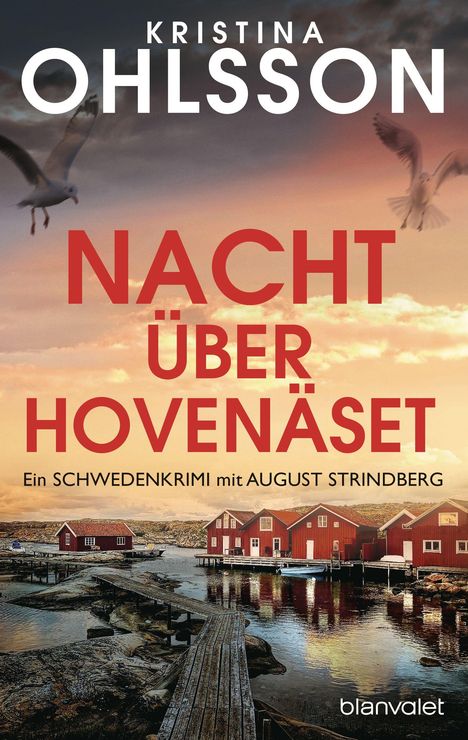 "NACHT ÜBER HOVENÄSET" von Kristina Ohlsson. Küstenlandschaft mit roten Häusern, Seevögel im Himmel, Sonnenuntergang.