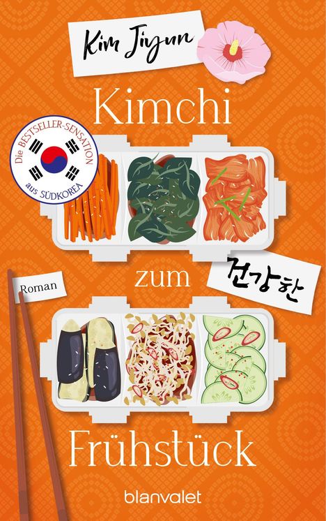 „Kim Jiyun Kimchi zum Frühstück“; Sticker „Die Bestseller-Sensation aus Südkorea“; Essensabbildungen in Bento-Boxen.