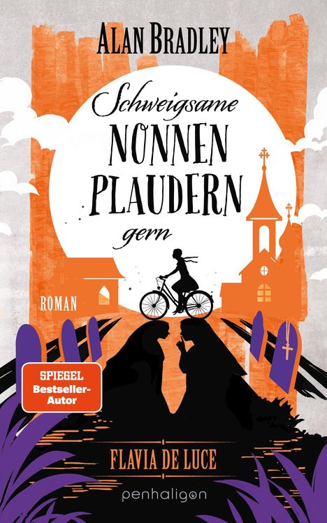 Der Text "Schweigsame NONNEN PLAUDERN gern". Illustration: Frau auf Fahrrad, orange Gebäude, violette Pflanzen.