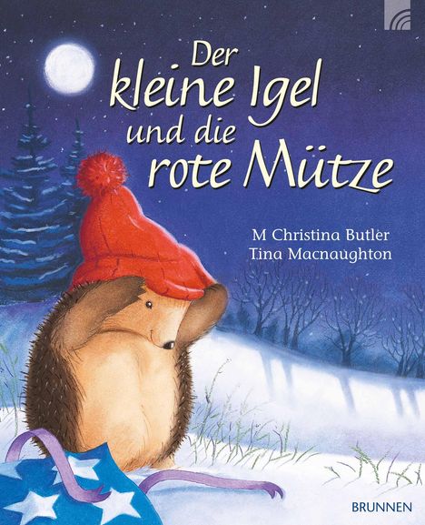„Der kleine Igel und die rote Mütze“: Ein Igel mit roter Mütze im Schnee bei Vollmond, umgeben von Bäumen.