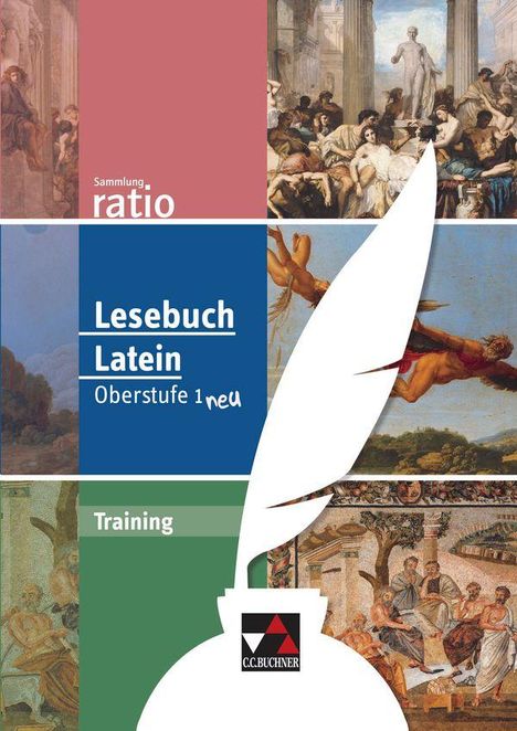 Texte: Sammlung ratio, Lesebuch Latein, Oberstufe 1 neu, Training. 
Bild: Antike Szenen und Statuen, bunte Streifen. 