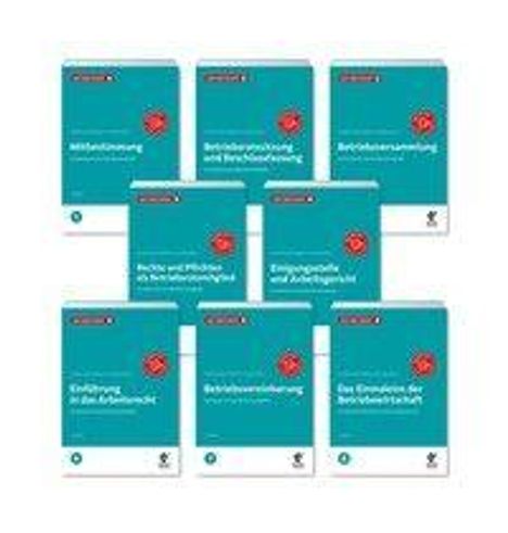 Sieben grüne Bücher mit roten Kreisen, darunter Titel wie "Mitbestimmung" und "Einführung in das Betriebsverfassungsgesetz".