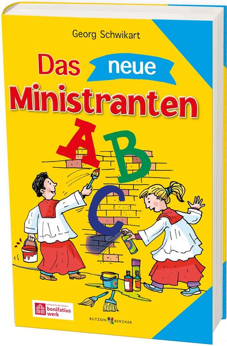 „Das neue Ministranten-ABC“. Zwei Ministranten malen bunte Buchstaben auf eine Wand.