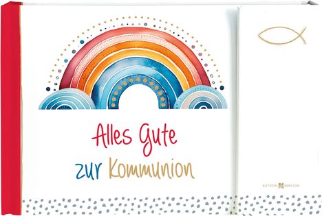 "Alles Gute zur Kommunion", bunter Regenbogen, christliches Fischsymbol oben rechts, punktierter Rahmen.