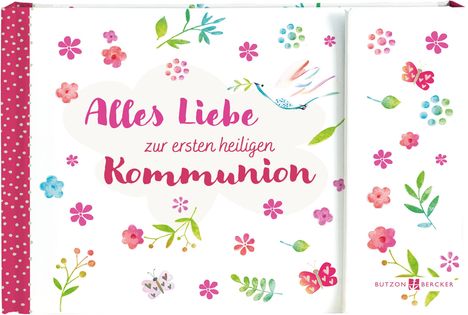 Cover mit Text "Alles Liebe zur ersten heiligen Kommunion", umgeben von bunten Blumen und einem Vogel mit Zweig.