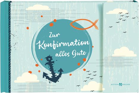"Zur Konfirmation alles Gute" steht in einem Kreis. Ein orangefarbener Fisch, blauer Anker, Wolken und Vögel als Dekor.