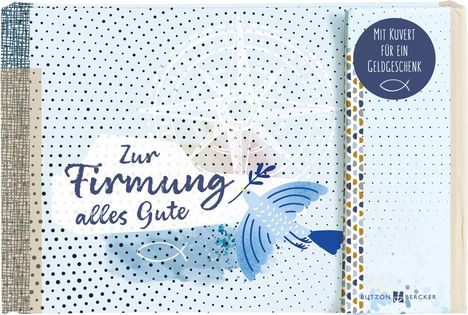 „Zur Firmung alles Gute“ und „Mit Kuvert für ein Geldgeschenk“ stehen auf hellblauem Hintergrund mit Punkten.