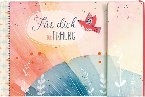 "Für dich zur Firmung", Vogel-Illustration mit Blumen, bunte, abstrakte Formen in Orange und Blau.