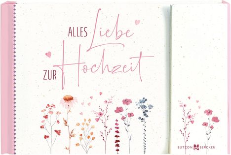 „Alles Liebe zur Hochzeit“ steht in rosa Schrift. Darunter sind bunte Blumen illustriert. Links der Rand ist rosa.