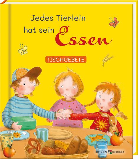„Jedes Tierlein hat sein Essen“ und „Tischgebete“. Drei Kinder an einem Tisch mit Brot und Besteck. Illustration.
