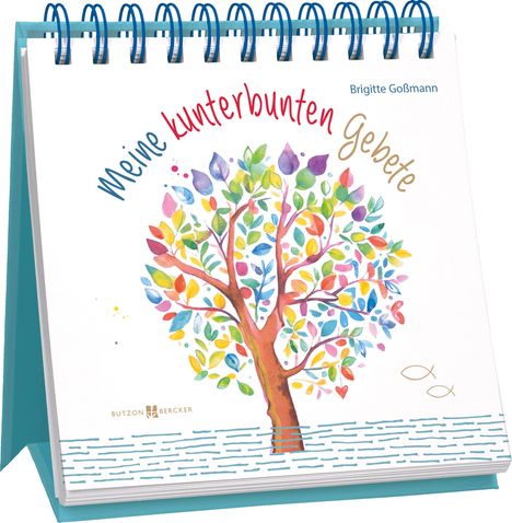 "Meine kunterbunten Gebete" und "Brigitte Goßmann". Bunter Baum mit Blattmotiven, zwei Fischsymbole und ein blau-weißes Muster unten.