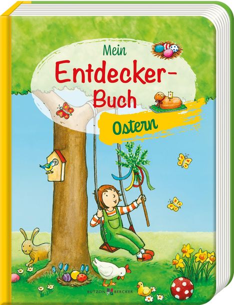 "Mein Entdecker-Buch Ostern" in fröhlicher Szene: Kind schaukelt, Blumen, Tiere und Ostereier. Farbenfrohe Illustration.
