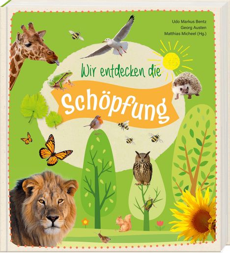 „Wir entdecken die Schöpfung“ steht in verspielter Schrift vor einer bunten Collage aus Tieren und Pflanzen.