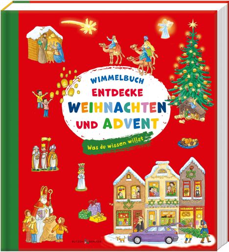 Titel: "Wimmelbuch Entdecke Weihnachten und Advent". Bunte Illustrationen mit weihnachtlichen Szenen, Häusern und Figuren.
