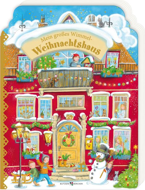 "Mein großes Wimmel-Weihnachtshaus" steht groß geschrieben. 

Illustration eines festlich geschmückten Hauses mit Figuren.