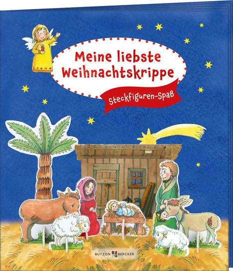 "Meine liebste Weihnachtskrippe. Steckfiguren-Spaß". Illustration einer Krippenszene mit Figuren, Sternen und einem Stall.