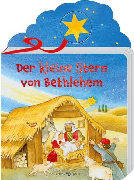 "Der kleine Stern von Bethlehem" in roten Buchstaben auf blauem Hintergrund. Illustration: Krippenszene mit Familienfiguren.