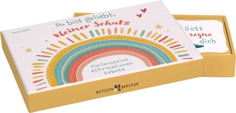 "Du bist geliebt, kleiner Schatz"; darunter ein bunter Regenbogen; "Meilensteine Affirmationen Gebete".