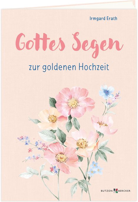 "Gottes Segen zur goldenen Hochzeit" in elegantem Schriftstil, darunter blühende, zarte Blumen in Pastellfarben.
