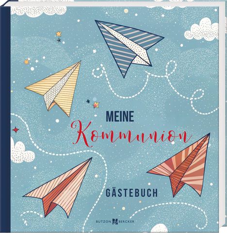 Text: "MEINE Kommunion GÄSTEBUCH". Illustration von Papierfliegern und Sternen auf einem blauen, wolkigen Hintergrund.